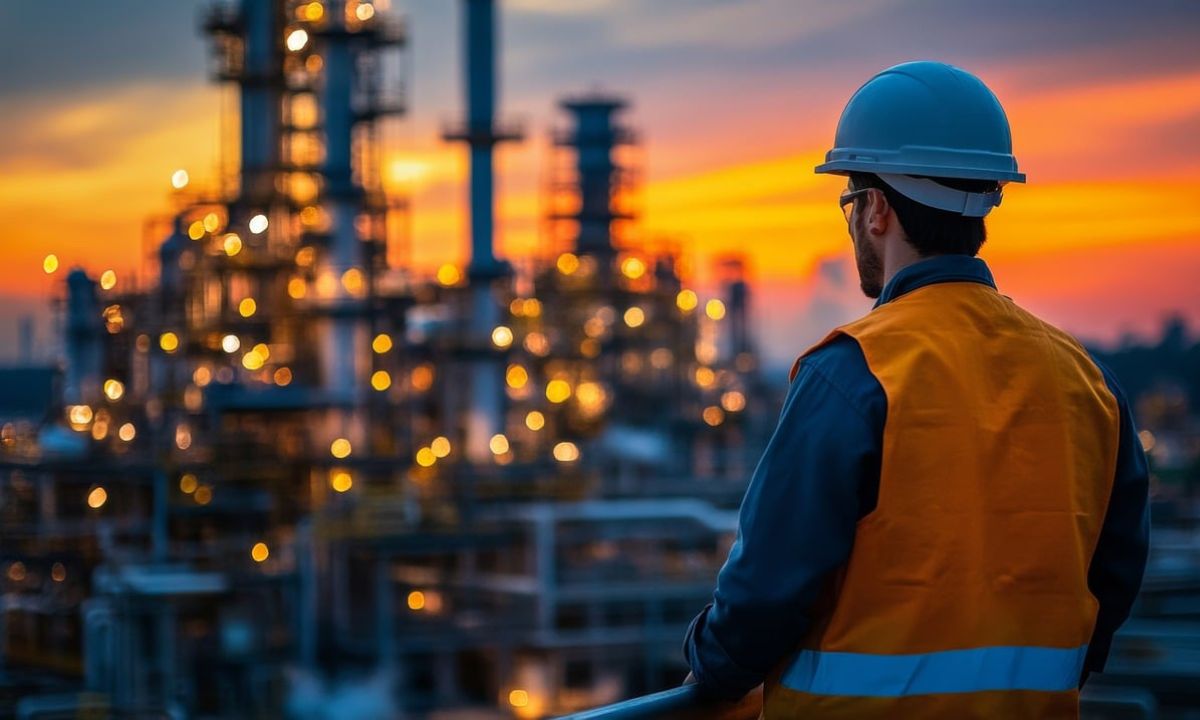 man wearing hard hat looking at industrial view